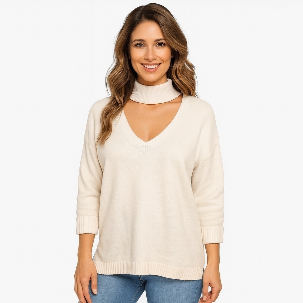 1. State Mock Turtleneck Open V-Neck Sweater, Ivory, Size XS